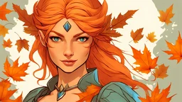 Generate a dungeons and dragons character portrait of the face of a female rouge autumn eladrin with orange skin and hair and maple leaves in the hair. She has blue eyes and wears a dress made out of leaves