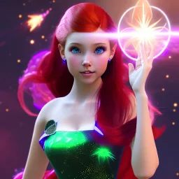 Pretty teenage girl with red hair who is dressed like a space witch casting a spell, girl has green eyes, background is realistic space renditions, wearing a black egirl dress, full body portrait, arm colors gradient effect into stars, rendered, unity 3d, unreal engine, dslr, hdr, 4k, edited, photorealistic, normal number of appendages, freckles