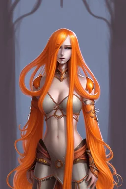 fantasy setting, woman, tall and skinny, orange and white hair