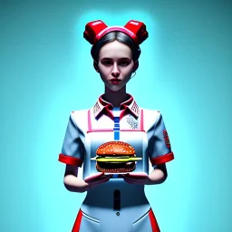 waitress teenager with hamburger chips in tray, rounded face, shirt, vibrant color, cyberpunk style, highly detailed, art stations, concept art, smooth, unreal engine 5, god rays, ray tracing, RTX, lumen lighting, ultra detail, volumetric lighting, 3d, finely drawn, high definition, high resolution, gradient background