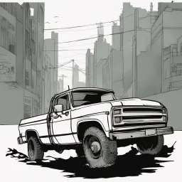 pickup truck , silhouette, comic book, post-apocalypse, white background,