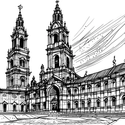 Black and white few strokes sketched santiago de compostela cathedral front
