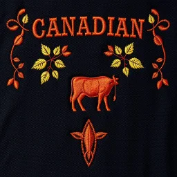 an autumn colored textured cloth embroidered ornamental leaves and cattle, pointed bottom, on dark background, embroidered text across top, Canadian western cowboy style