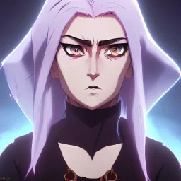 crystal blue eyes, and dark pink hair, teardrop shaped eyebrows, woman, angry expression, jujutsu kaisen style, pointy ears