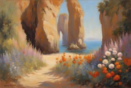 sunny day, rocks, flowers, cliffs, sci-fi, friedrich eckenfelder and henry luyten impressionism paintings