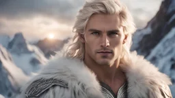 Photoreal close-up of huge winged handsome muscular godlike blond Aasimar druid with angelic features in warm padded druid tunic in the ice mountains at sunset forgotten realms fantasy style by lee jeffries, otherworldly creature, in the style of fantasy movies, photorealistic, shot on Hasselblad h6d-400c, zeiss prime lens, bokeh like f/0.8, tilt-shift lens, 8k, high detail, smooth render, unreal engine 5, cinema 4d, HDR, dust effect, vivid colors