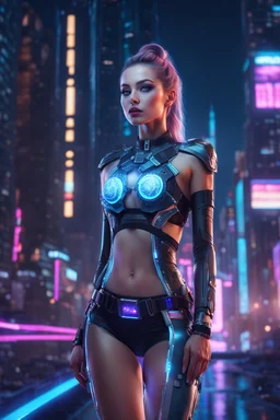 Full body portrait realistic cyber Russian girl half dressed appealing, nightlife costume, she is looking at her holographic watch, futuristic uplifting mood and motivation theme, science fiction, spectacular landscape spring season in cyberpunk city, incredibly beautiful in the cyber-city street, stunning intricate meticulously detailed dramatic digital illustration volumetric lighting, 200 megapixels 8K resolution, back-lit soft lights, photo-realistic arts, realistic photography, neon colo