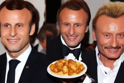 Emanuel Macron and Johny Hallyday are eating chiken with their nose