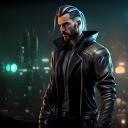 Mysterious male cyberpunk wizard, ponytail hairstyle, leather jacket, glowing grey eyes, cyberpunk style, video game character, trending DeviantArt, trending ArtStation, post-apocalyptic background