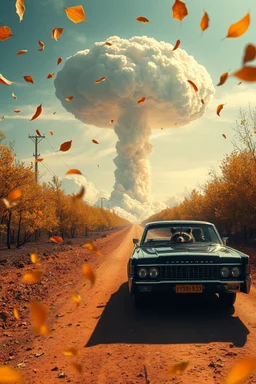 foreground with many falling leaves, behind is a nuclear explosion's mushroom cloud that looks more like a tree in fall, with explosion radiating outward, many leaves falling in foreground, ground is dirt and scorched with a road coming down the middle towards viewer, on the road facing towards the viewer is a black 1963 Lincoln Continental with the roof down and a driving is a giant racoon, angelic fantastic lighting