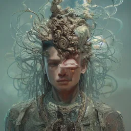 Insanely detailed photograph of an “portrait of a midevil cowboy god ” with intricate hair, intricate embroidered dress, beautiful clear face and hyperdetailed painting by Ismail Inceoglu Huang Guangjian and Dan Witz CGSociety ZBrush Central fantasy art album cover art,8K, hdr, romantic, mysterious, ominous, beautiful flowers, jewelry, comfort, natural eyes,naked,tasteful