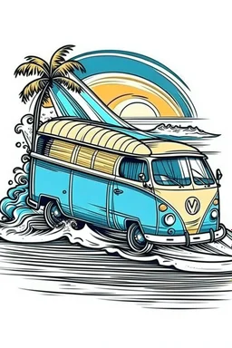 A ilustration of surf van, beach, middle ground design, t-shirt design, white background , no black ground, vector, 4k