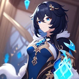 Clear focus,High resolution, Black short fluffy hair, and blue eyes, wearing a Genshin Impact inspired outfit, detailed clothes,must be wearing a short skirt, Art