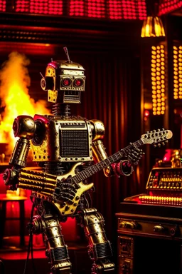 A hard rock robot hosts a radio show in a burning club