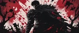 Create a dark and brutal pattern inspired by the anime "Berserk." Use blood splatters, shadowy silhouettes, and gothic elements against a brooding backdrop. Keep the composition chaotic, incorporating symbolic imagery like the Brand of Sacrifice, capturing the raw intensity of Guts' journey, very detailed, max six colours