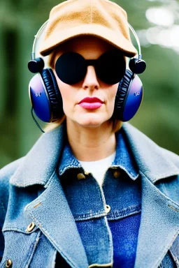 Fresh woman, no make-up, plum-blue-camouflage jacket. Old-fashioned things like CD's, microphone integrated to mask! Wool visor to tippet, AKG headphones, golden rings. materials are denim, leather and felt cloth mixed. Fashion 1990's. Venue is a small old farm attached to the nature, Chicken and cockatoo, Natural Light. Possible colors: Cream white, zinc plate, red ochre, ochre. Thick tights. Thick calves. wide hip