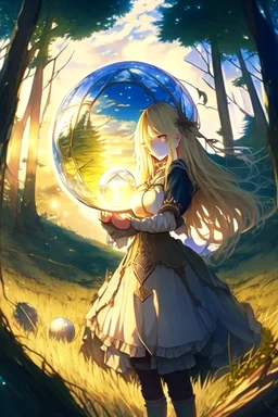 Anime, blonde girl in medieval clothing in large field in the middle of the forest with a globe of light next to her, HD, extreme detail