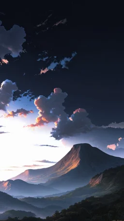 Realistic background of sunset with color full clouds behind a mountain