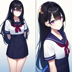 Clear focus, High resolution, Long fluffy black hair, Purple eyes, Wearing a sailor uniform, must be wearing a short skirt, 2 puffy big tails hanging behind her back