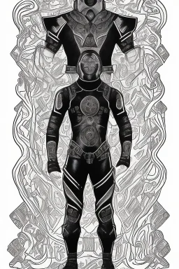 man in full body spandex with runes all over it drawn in marker