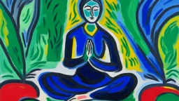 An oil expressionist painting by Matisse of a yoga teacher meditating.