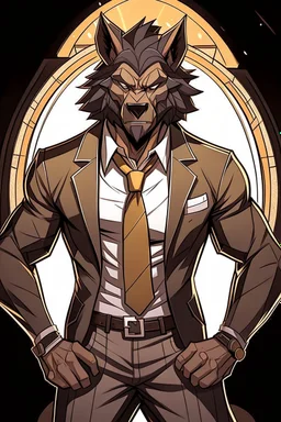 Buff, anthro, wolf, himbo, black fur, gold eyes, wearing a suit, full-body, muscles, strong, muscular, man boobs, bulky, tail, dark fur, smug grin, hands on hips, furry-himbo, broad shoulders, wide hips,