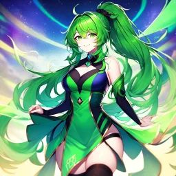 girl, masterpiece, best quality, volumetric lighting, detailed outfit, perfect eyes, long hair, green hair, green eyes, beautiful lighting, vibrant colors, smiling, thigh highs, ponytail, messy hair,