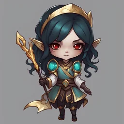 Aamela Rethandus is a dark elf healer with pale gray skin and red eyes with straight black hair a golden headband and dressed in healer outfit of dull-teal tan and browns, in chibi art style