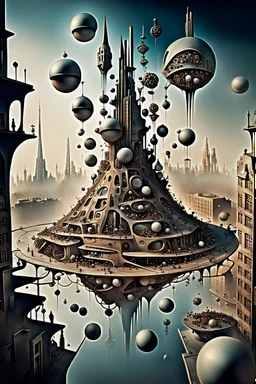 a stunningly weird image of a futuristic metropolis using Salvador Dali's paranoiac-critical method, where buildings and structures appear to melt into the skyline cityscape is filled with floating balls and triangles and mad, twisted sharp metal shapes that interact with the buildings and each other, forming a surreal tableau of a dreamlike reality. neu-steampunk vibe, essence of the scene in a cinematic manner, with dramatic shadows that enhance the distorted perspectives and bizarre