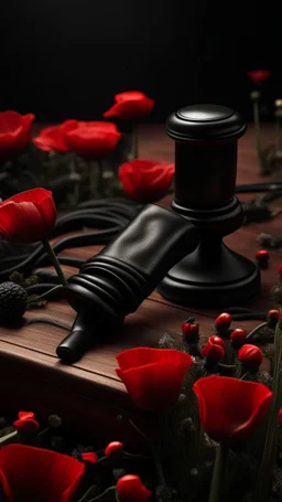 A wooden judge's gavel engraved with T letter. Next to a black pistol and two black leather gloves. Placed in a field filled with red poppies.. Dark garden background. Dark garden background cinematic.