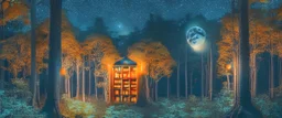 long distance view a library in forest with fireflies and orange mystic lights around trees that have wide leaves and broad trunked. Night with moon light.