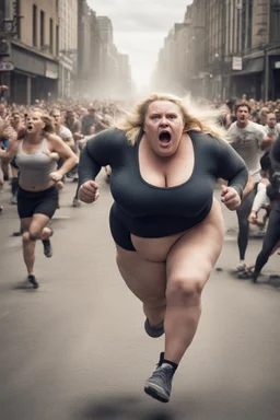 an obese terrified blonde woman in a crossfit outfit desperately running away from an angry mob of thousands of people chasing her down a city street