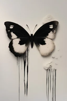 Mixed media painting with the lower half painted black and the upper half painted white, an irregular edge between the two halves, a small ultra realistic black butterfly sitting on the white half, dry brushing, textured painting, abstract, minimalistic