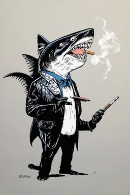 catfish with shark head smoking a ciggarrette in the style of banksy