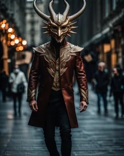 full body portrait of the dragon man with stylized mask on his eyes and forehead.conceptual art, hyper detailed, ultra quality, 12k walking in the city