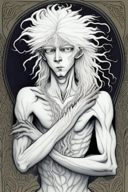 albino young male wizard with third arm extra eyes tendril hair in the style of aubrey beardsley