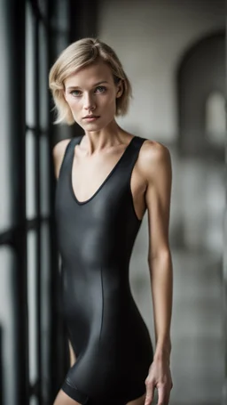 beautiful anorexic woman, total shot, short shiny black triathlon swimsuit, short blond wavy bob hair, blurred concrete background