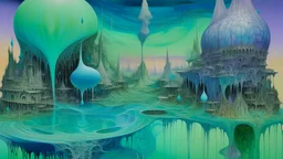 A surreal dreamscape, rendered in the style of Salvador Dali, depicting a seemingly endless expanse of interconnected, suspended water roofs. Each roof is a crystalline, translucent structure, shimmering with iridescent blues, greens, and violets, reflecting distorted, otherworldly light. The water, impossibly still yet appearing to ripple with internal luminosity, is textured with subtle, shifting gradients, evoking a sense of depth and ethereal fluidity. These roofs interlock and overlap, c