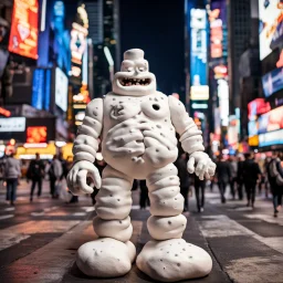 "CLAYMATION”, colossal off-white mottled crepey clay evil Lovecraftian marshmallow man walking in Times Square at night, kinetic, clay figures, clay scenery, sinister whimsey, oddball masterpiece, claymation