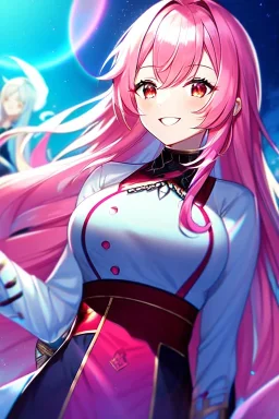 girl, masterpiece, best quality, cinematic lighting, detailed outfit, vibrant colors, perfect eyes, long hair, pink hair, red eyes, lens flare, laughing,