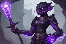 a black and purple female argonian artificer who uses Tesla coils as weapons