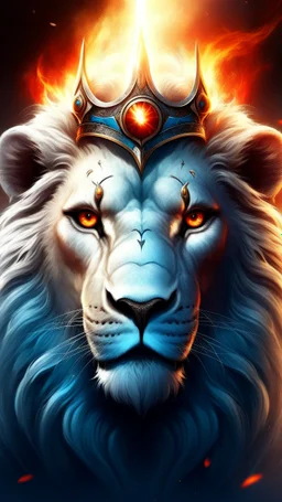The face of a powerful white lion with one blue eye and one red eye and a crown of fire on the head in the middle of the image with a blazing sun and sword behind her head.