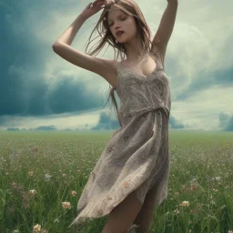 Woman, barefoot, flower field, dancing, windy, plain dress, beautiful face, long brown hair