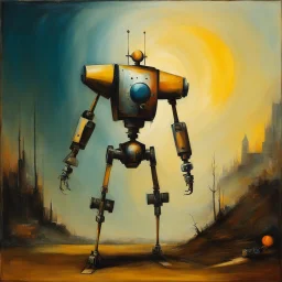 [abstract art inspired by Hieronymus Bosch and Johannes Vermeer] a big humanoid holding a robot with his hand, influence, terrifying, the end of times, forgotten past, masterpiece