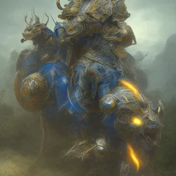 lightning, angry warrior in Blue and yellow battle armor with electric bolts of lightning, a highly detailed illustration, background of Inka jungle, realistic render, 8 k, micro detail, intricate, elegant, centered, digital painting, Artstation, smooth, sharp focus, illustration, artgerm, tomasz alen kopera, peter mohrbacher, donato giancola, joseph christian leyendecker, wlop, boris vallejo