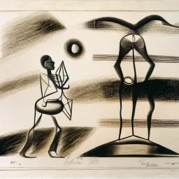 drawn in single line by Nicolai Blatter with hatch with parallel wavy lines metal engraving with african man dance procession in salvador dali style or picasso style