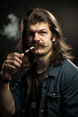 tough looking guy with a mullet smoking a cigarette and pointing his hand like a gun at the camera like hes about to shoot