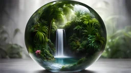 waterfall jungle palms in ball glass is an abstract concept that refers to a world made entirely of flowers or plants, often in a fantasy or mythical setting. The flower planet in this image appears to be a baroque world, with ornate spiral patterns and intricate designs.