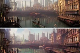 Train Canal River and corner shop greengrocer in colorful Italian street+Gothic city+BioShock+Dishonored+Bloodborne +trieste+Edinburgh+Chicago+victorian London+decòpunk Skyscraper+ +steampunk+biopunk+alphonse mucha, greg rutkowski,matte painting, cryengine, hyper detailed, felix kelly, fantasy art, seb mckinnon