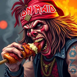 make an album cover of Eddie from the Iron Maiden hardrock band, he is eating a big kebab